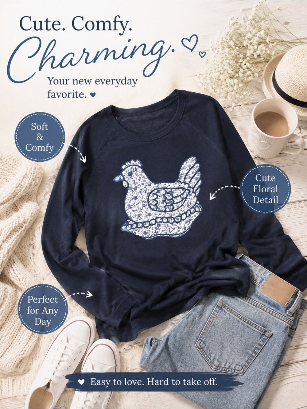 Amazon Navy Blue Long Sleeve Tee with White Floral Bird Graphic